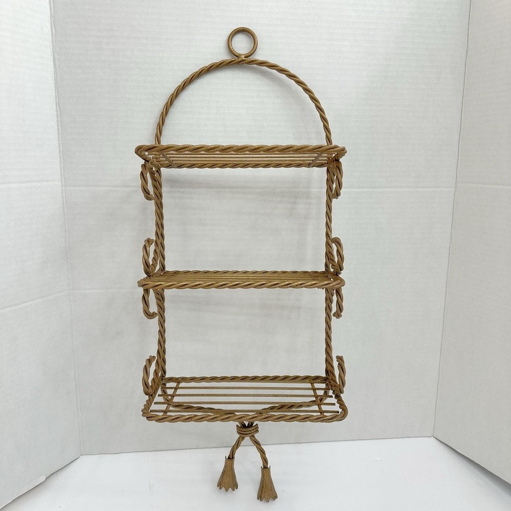 Vintage Hollywood Regency 3 Tier Wall Shelf Twisted Rope Gold Metal Homco 20"
